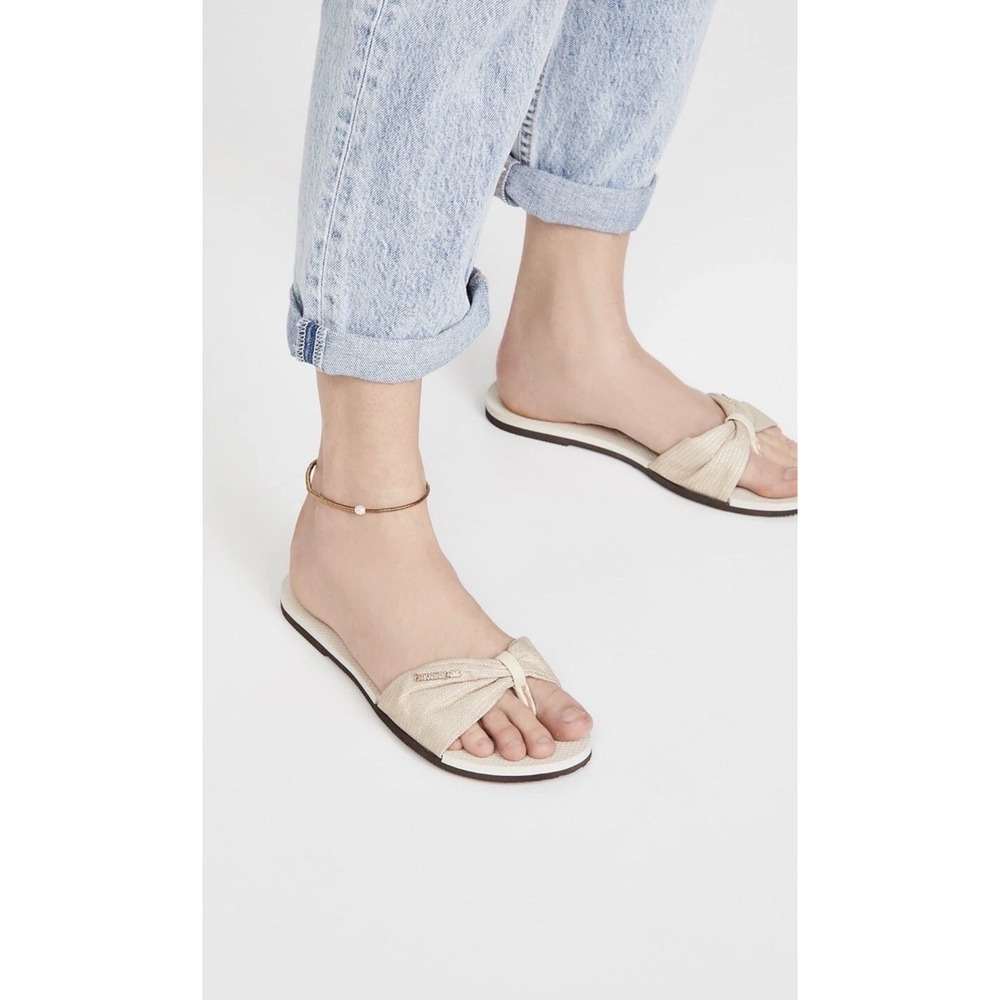 Havaianas You St. Tropez Shine Gold Denim Bow Flip Flop Thong Sandals Beach 9 10
